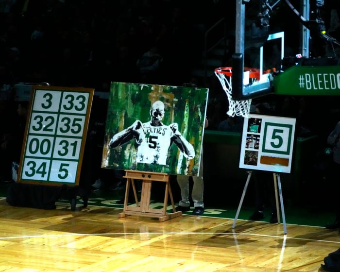 The gifts given to Basketball Hall of Fame and former Boston Celtic, Kevin Garnett during the number retirement ceremony after the game between the Boston Celtics the Dallas Mavericks at TD Garden.
